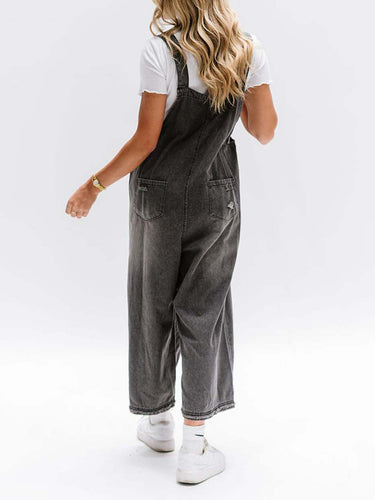 1783230 Cropped Wide Leg Buttoned Pockets Solid Color Adjustable Straps Overalls
