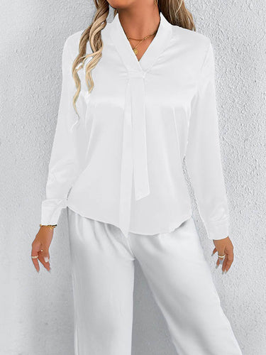 1728997 Long Sleeves Loose Solid Color Split-Joint Streamer Scarf Collar Blouses&Shirts Tops