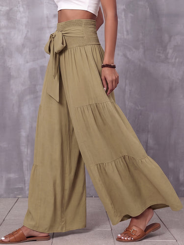 1786052 High Waisted Loose Elasticity Solid Color Split-Joint Tied Waist Pants Trousers