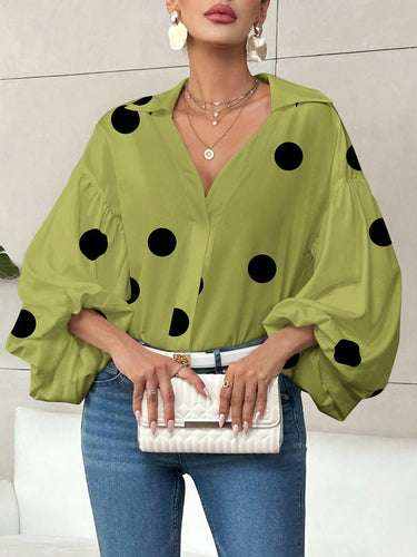 1780303 Long Sleeves Loose Contrast Color Pleated Polka Dot Split-Joint Lapel Blouses&Shirts Tops