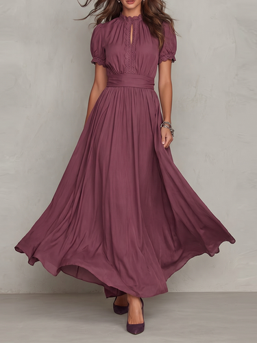 1784231 High Waisted Plus Size Buttoned Pleated Solid Color Round-neck Maxi Dresses