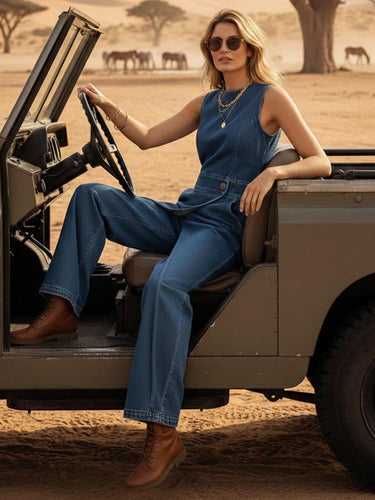 1756710 High Waisted Irregularity Buttoned Interlace Pockets Solid Color Split-Joint Round-Neck Jumpsuits