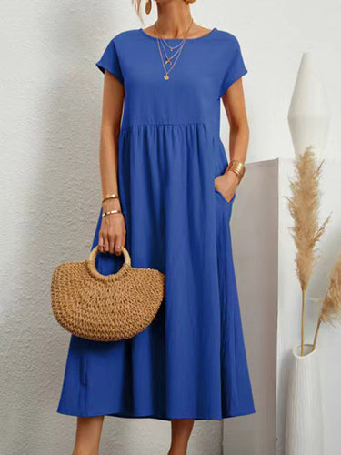 1768283 A-Line Plus Size Pleated Pockets Solid Color Round-Neck Midi Dresses