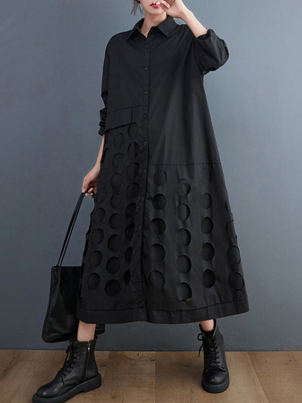 Asymmetric Buttoned Polka-Dot A-Line High-Low Lapel Shirt Dress Midi Dresses