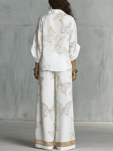 1781462 Long Sleeves Loose Butterfly Print Contrast Color Lapel Blouses&Shirts Tops