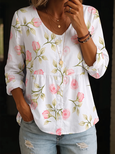 1785764 Long Sleeves Loose Buttoned Flower Print V-Neck Blouses&Shirts Tops