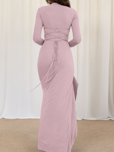 1718575 Bodycon High Waisted Asymmetric Pleated Ruffled Solid Color Split-Joint Round-Neck Maxi Dresses