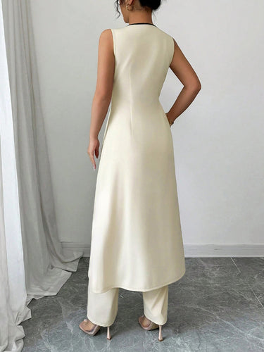 1787562 Sleeveless Deep V-Neck Tied Contrast Color Blouses&shirts Tops + Wide Leg Trousers Pants Two Pieces Set