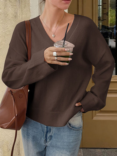 1717823 Long Sleeves Loose Ribs Solid Color V-Neck Sweater Tops