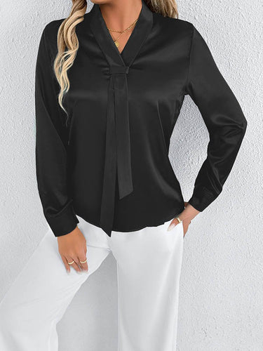 1728976 Long Sleeves Loose Solid Color Split-Joint Streamer Scarf Collar Blouses&Shirts Tops
