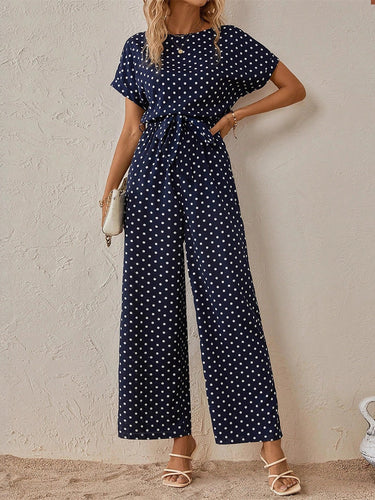 1763727 High Waisted Ninth Pants Contrast Color Polka-Dot Split-Joint Tied Waist Round-Neck Jumpsuits