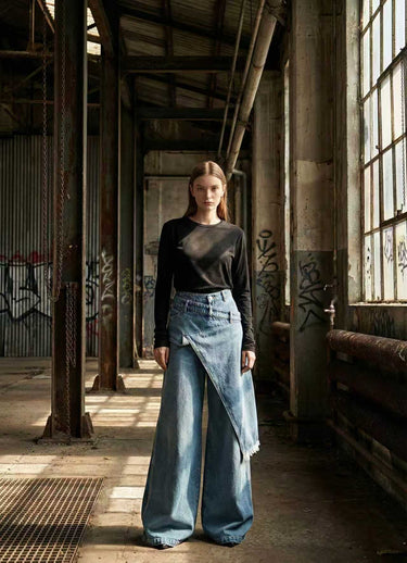 High Waisted Irregularity Asymmetric Buttoned Fringed Interlace Layered Pockets Solid Color Jean Pants Bottoms