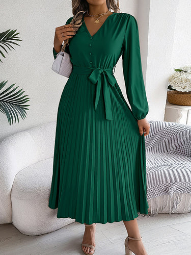 1713856 High Waisted Long Sleeves Belted Buttoned Pleated Solid Color V-Neck Maxi Dresses