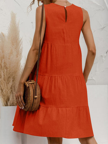 1773595 A-Line Loose Pleated Solid Color Tiered Round-Neck Mini Dresses