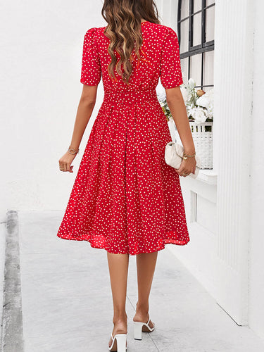 1746084 A-Line Elasticated Waist Contrast Color Polka Dot Split-Joint Tied Waist Round-Neck Midi Dresses