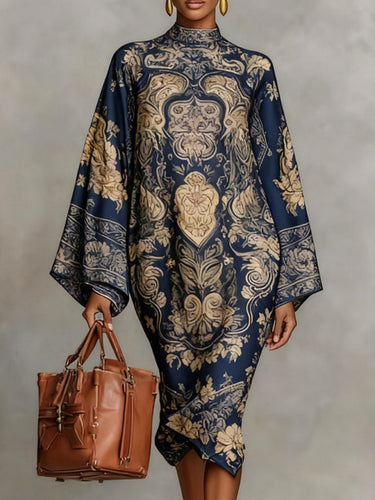 Long Sleeves Loose Contrast Color Printed Mock Neck Midi Dresses
