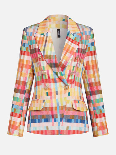 1690727 Balloon Sleeves Long Sleeves Buttoned Contrast Color Pockets Rainbow Plaid Notched Collar Blazer Outerwear