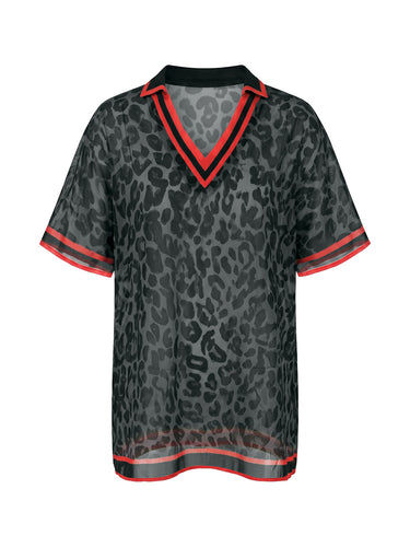 Camicette ampie a maniche corte con stampa leopardata a contrasto e revers a righe con spacco laterale.&Stop