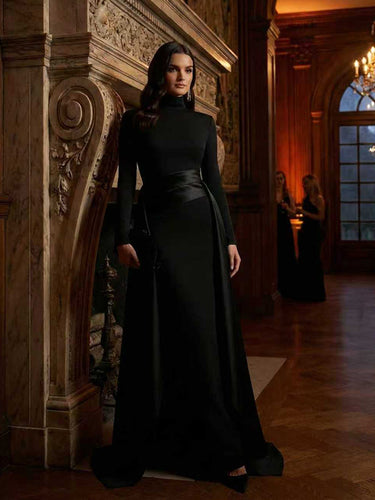 Bodycon Elasticated Waist Asymmetric Solid Color Split-Joint High Neck Maxi Dresses