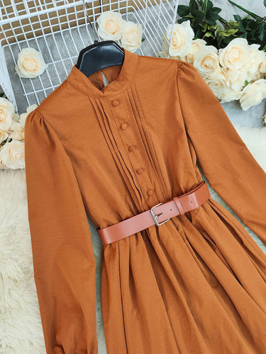 1740928 A-Line Elasticated Waist Belted Buttoned Contrast Color Pleated Split-Joint Stand Collar Maxi Dresses Shirt Dress