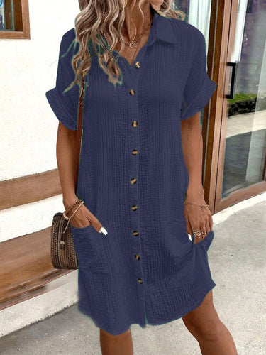 1768159 Half Sleeves Loose Buttoned Pockets Solid Color Lapel Mini Dresses