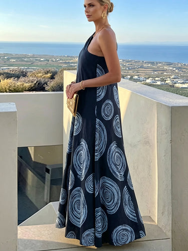 1784589 A-Line Loose Contrast Color Pleated Printed Split-Joint One-Shoulder Maxi Dresses