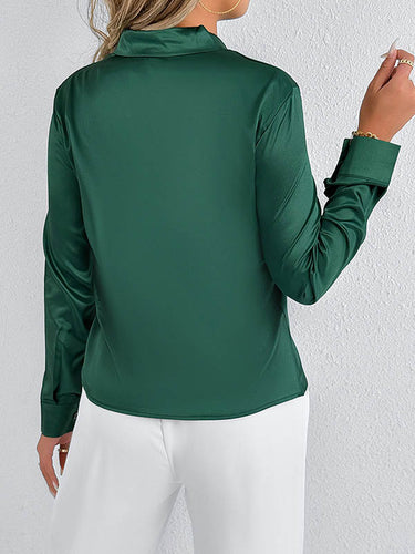 1728940 Long Sleeves Loose Solid Color Split-Joint Streamer Scarf Collar Blouses&Shirts Tops