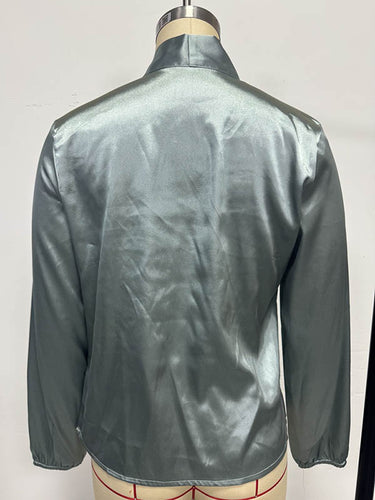 1729151 Long Sleeves Loose Bow-Embellished Pleated Solid Color Split-Joint Scarf Collar Blouses&Shirts Tops