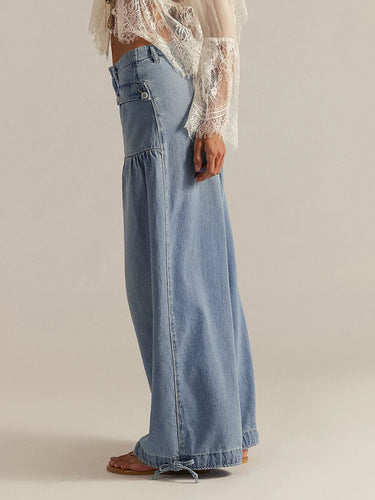 1778355 High Waisted Wide Leg Buttoned Drawstring Elasticity Pleated Pockets Solid Color Jean Pants Bottoms