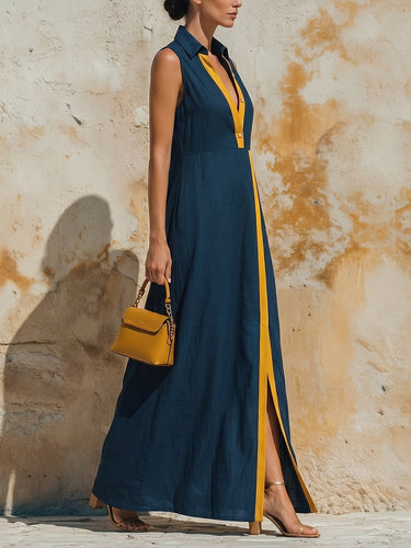 1784994 High Waisted Loose Buttoned Contrast Color Split-Front Zipper Lapel Maxi Dresses