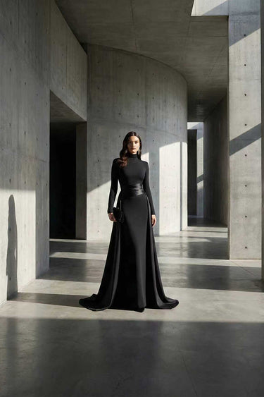 Bodycon Elasticated Waist Asymmetric Solid Color Split-Joint High Neck Maxi Dresses