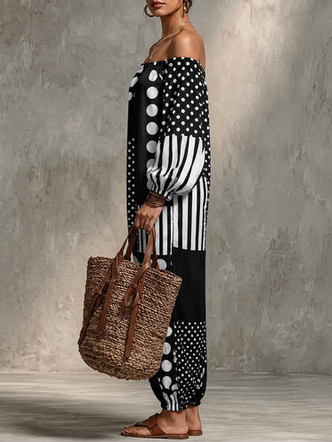 Long Sleeves Puff Sleeves Contrast Color Elasticity Polka Dot Split-Joint Striped Off-The-Shoulder Jumpsuits