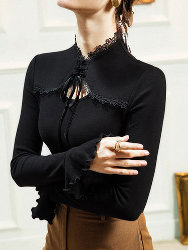 1729444 Flared Sleeves Long Sleeves Bow-Embellished Flower Shape Hollow Solid Color Split-Joint Tied Half Turtleneck Blouses&Shirts Tops