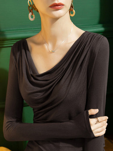 Selección elegante manga larga de mangas largas camisetas sólidas plisadas