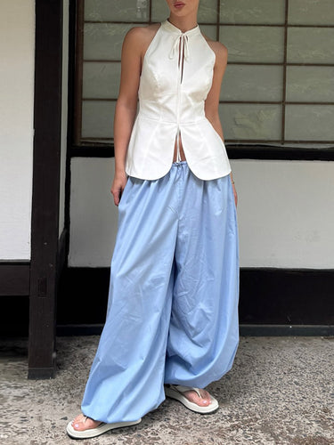 1751607 Pantaloni alla caviglia in tinta unita pieghettati con coulisse a vita alta elasticizzata