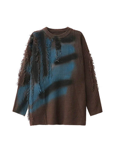 1720233 Irregularity Long Sleeves Abstract Printed Asymmetric Contrast Color Split-Joint Tasseled Round-Neck Sweater Tops