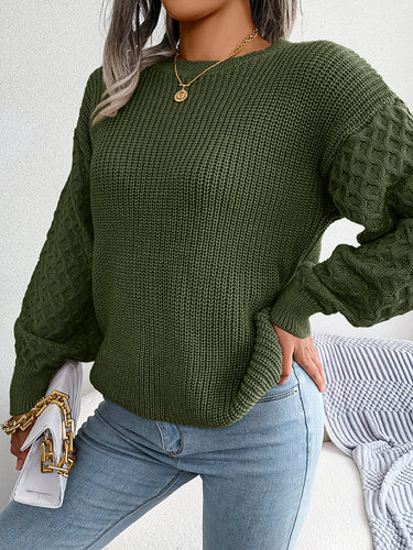 1713722 Long Sleeves Loose Cable Knit Solid Color Round-Neck Sweater Tops