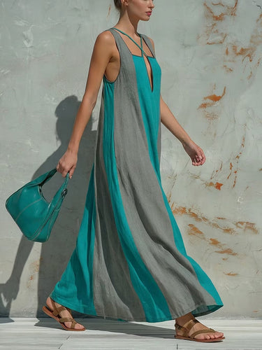 1785044 Cross-Strap Loose Backless Contrast Color Pockets Split-Joint Square-Neck Maxi Dresses