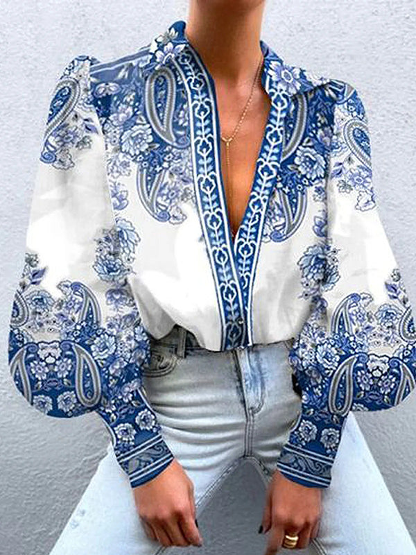 Long Sleeves Loose Buttoned Contrast Color Lapel Blouses&Shirts Tops