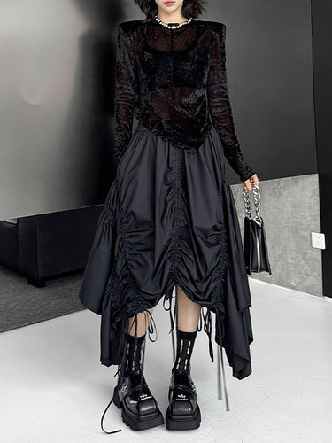 1721452 A-Line Elasticated Waist Asymmetric Drawstring Pleated Solid Color Skirts Bottoms