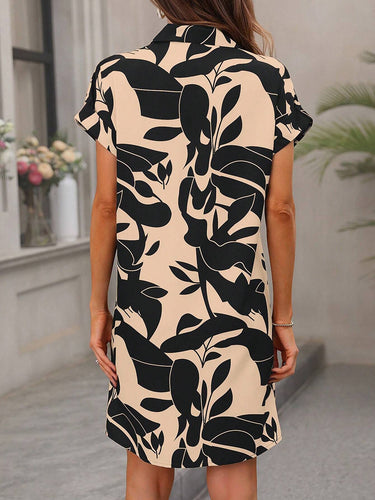 1780322 Short Sleeves Buttoned Contrast Color Printed Lapel Mini Dresses Shirt Dress