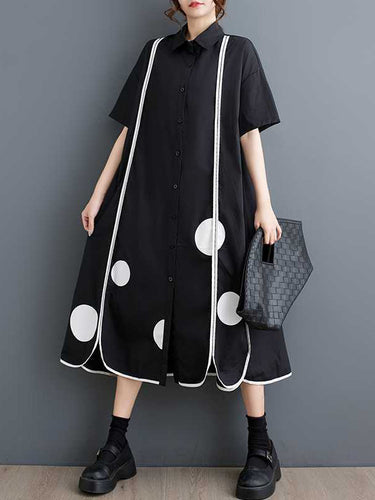 A-line半袖ボタン付きポケットPolka-dotスプリットフロントスプリットジョイントラペルミディドレスシャツドレス