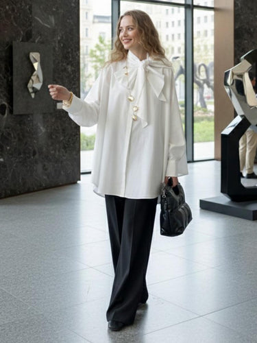 1756759 Long Sleeves Loose Bow-Embellished Buttoned Solid Color Bow Collar Blouses&Shirts Tops