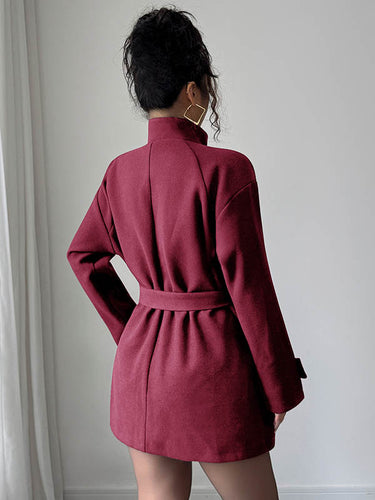 1726764 Elasticated Waist High Waisted Asymmetric Buttoned Solid Color Tied Waist Stand Collar Outerwear