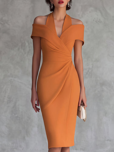 1786029 Bodycon Short Sleeves Buttoned Solid Color Split-Back Zipper Halter-Neck Midi Dresses