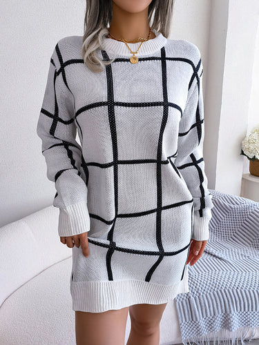 1713367 Elasticated Waist Long Sleeves Belted Contrast Color Plaid Round-Neck Mini Dresses Sweater Dresses