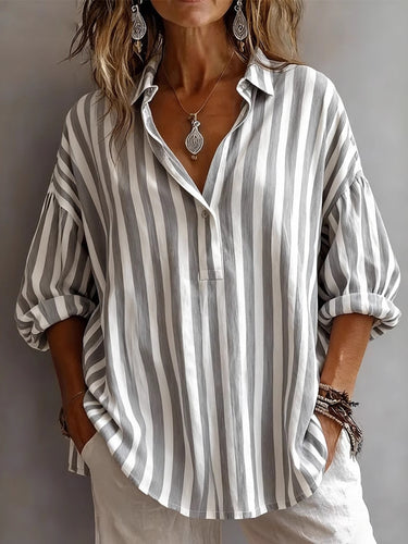 1783482 Long Sleeves Loose Buttoned Contrast Color Striped Lapel Blouses&Shirts Tops