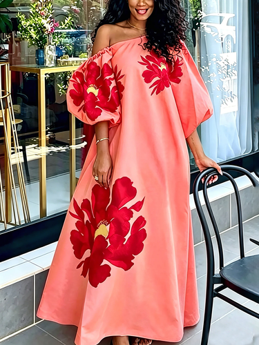 Puff Sleeves Three-Quarter Sleeves Contrast Color Elasticity Flower Print One-Shoulder Maxi Dresses