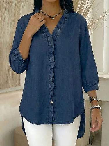 1775075 Losse blouses met ruches en V-hals in effen kleur, verkrijgbaar in grote maten.&Shirts Tops