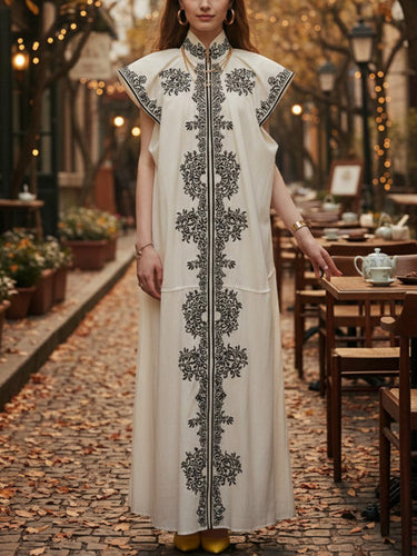 A-Line Loose Contrast Color Pleated Printed Split-Joint Stand Collar Maxi Dresses